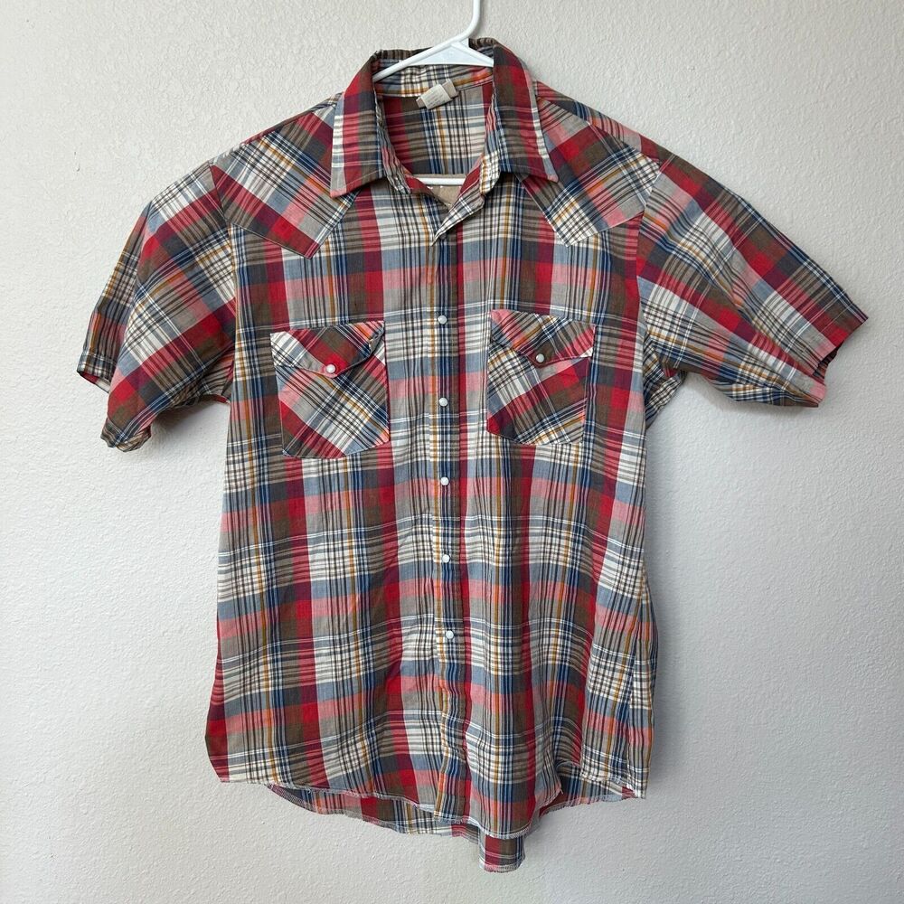 Vintage Saddlebrook Western Wear SS Pearl Snap plaid shirt size LARGE Made in US